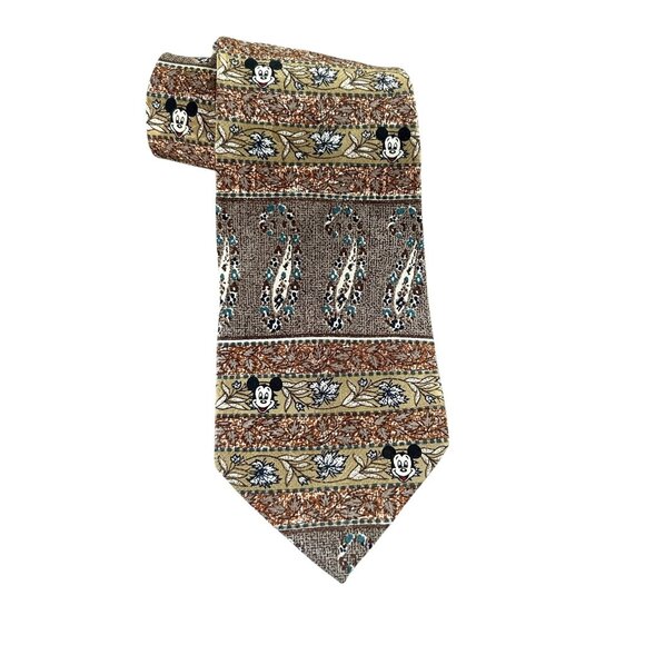 Mickey Inc Disney Brown Patterned Mickey Mouse 100% Silk Tie - Picture 1 of 8